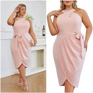 NWT Hanna Nikole Light Soft Pink Halter Ruched Tie Formal Spring Midi Dress 18W
